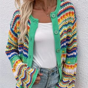 Colorful Knit Cardigan with Green Accents